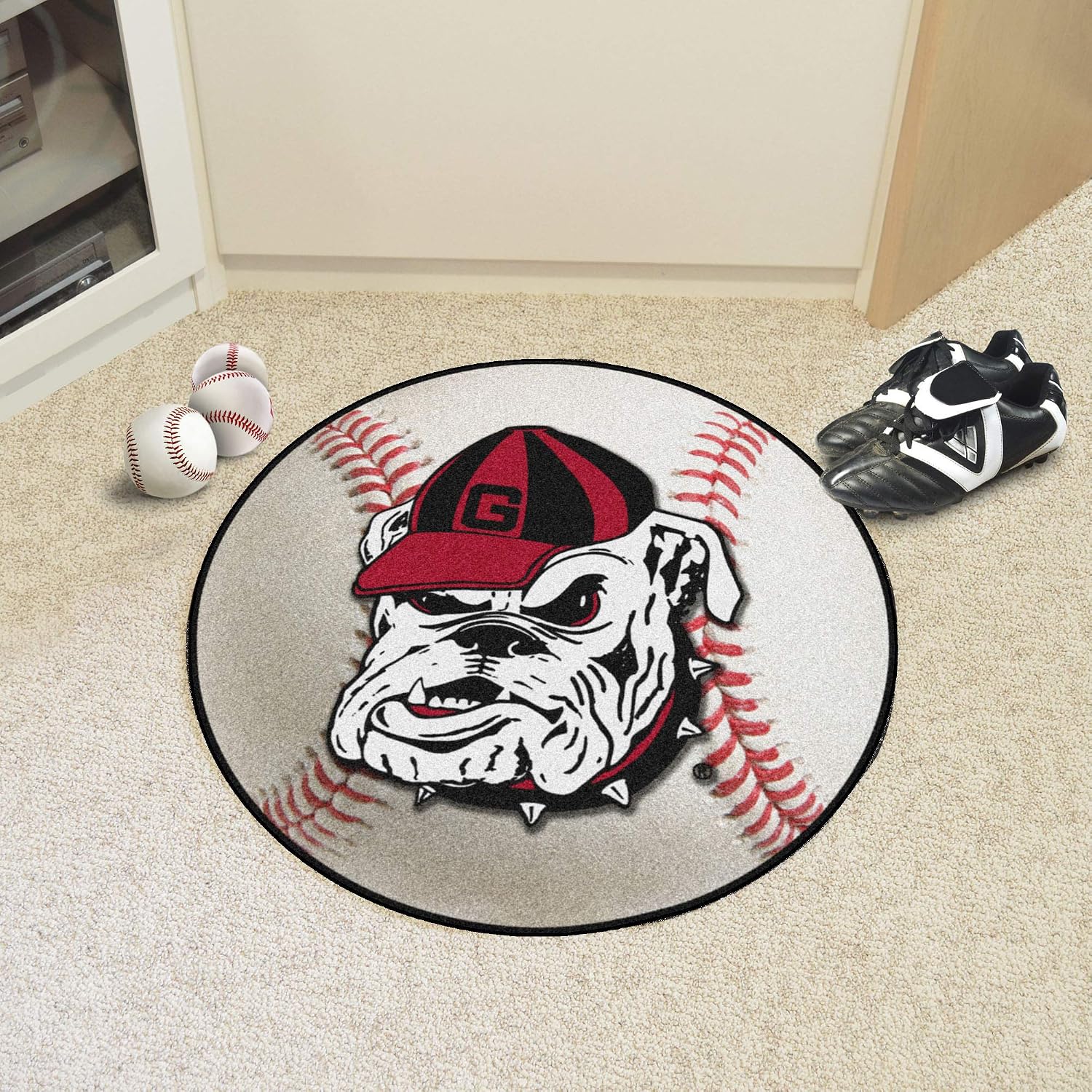 FANMATS 4953 Georgia Bulldogs Baseball Shaped Accent Rug - 27in. Diameter - "Bulldog" Logo, White