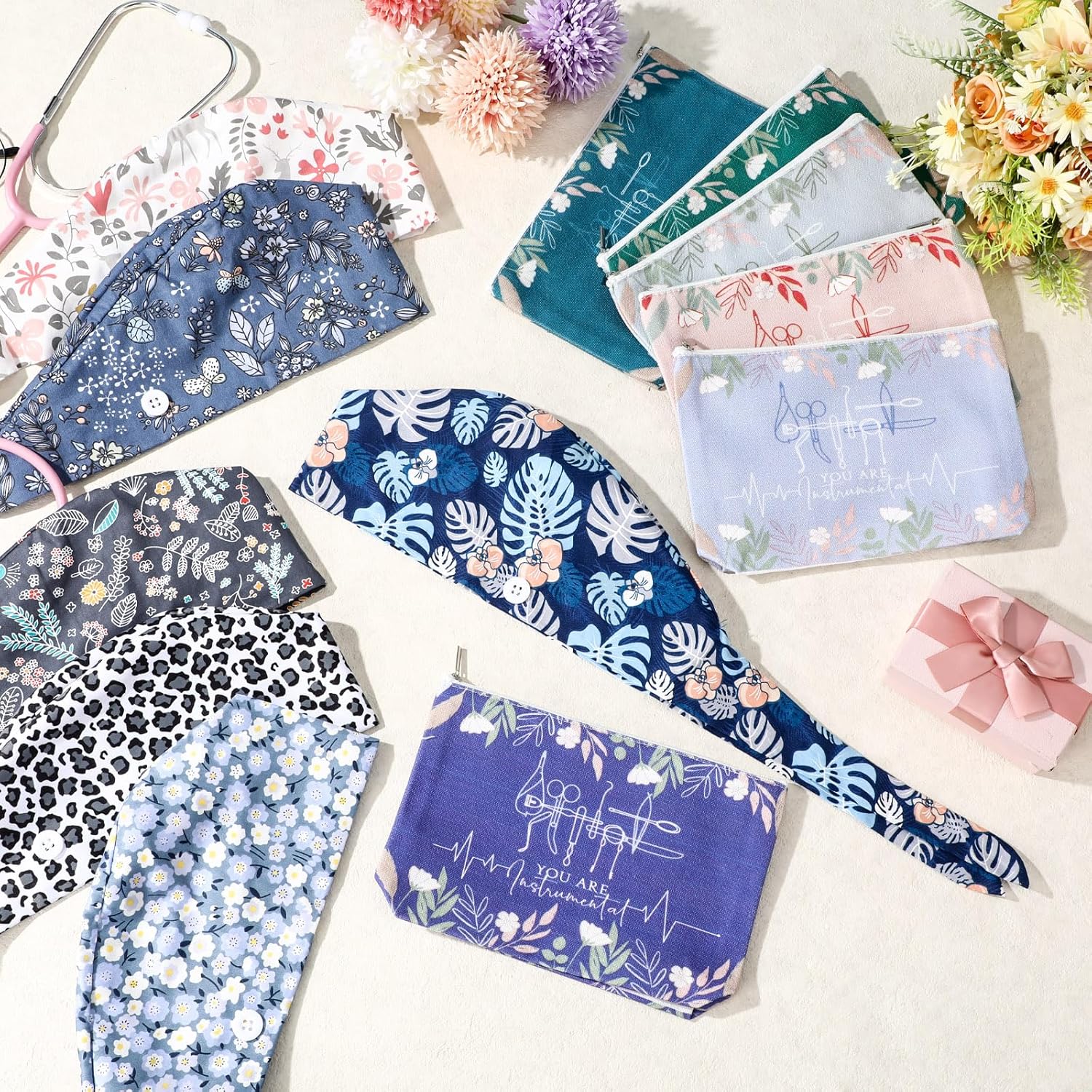 12 Pcs Nurse Appreciation Gift Set Adjustable Scrub Caps with Canvas Makeup Bags Christmas Thank You Gift Bulk for Nurse Doctor Staff Medical Surgical Technologist Holiday Party Favors - Image 4