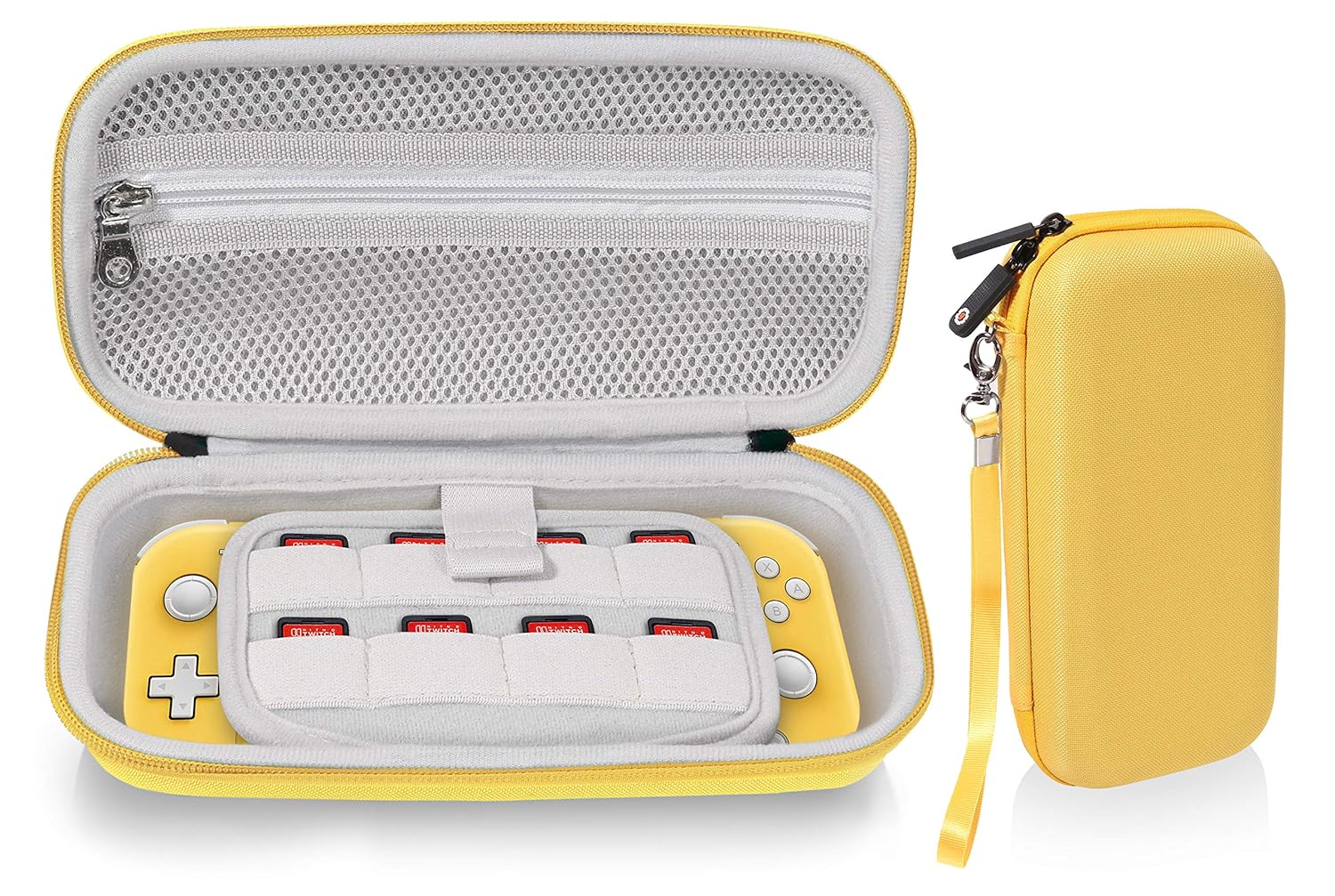 GETGEAR Case for Nintendo Switch Lite, divide panel for extra Screen protection, Switch Game card holders, mesh accessory pocket (Yellow)