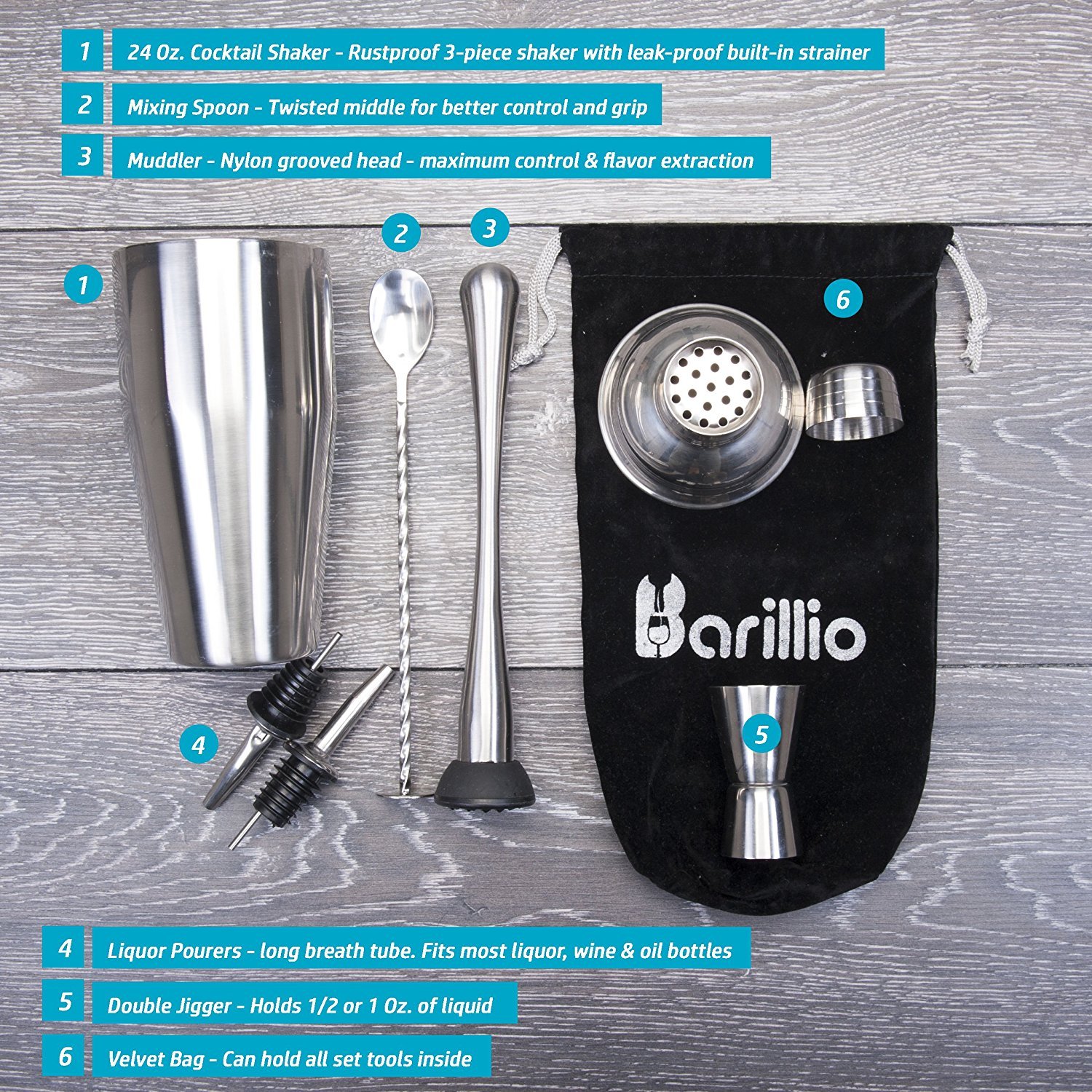 Barillio Elite Barman Kit 23 Pezzi – Set Cocktail In Acciaio Inox Con Supporto In Bambù, Borsa In Velluto E Ricettario, Nero