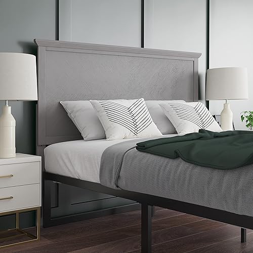 EMMA + OLIVER Frenti - Cabecera de madera de tamaño completo, cabecero ajustable con patrón de espiga en color gris lavado