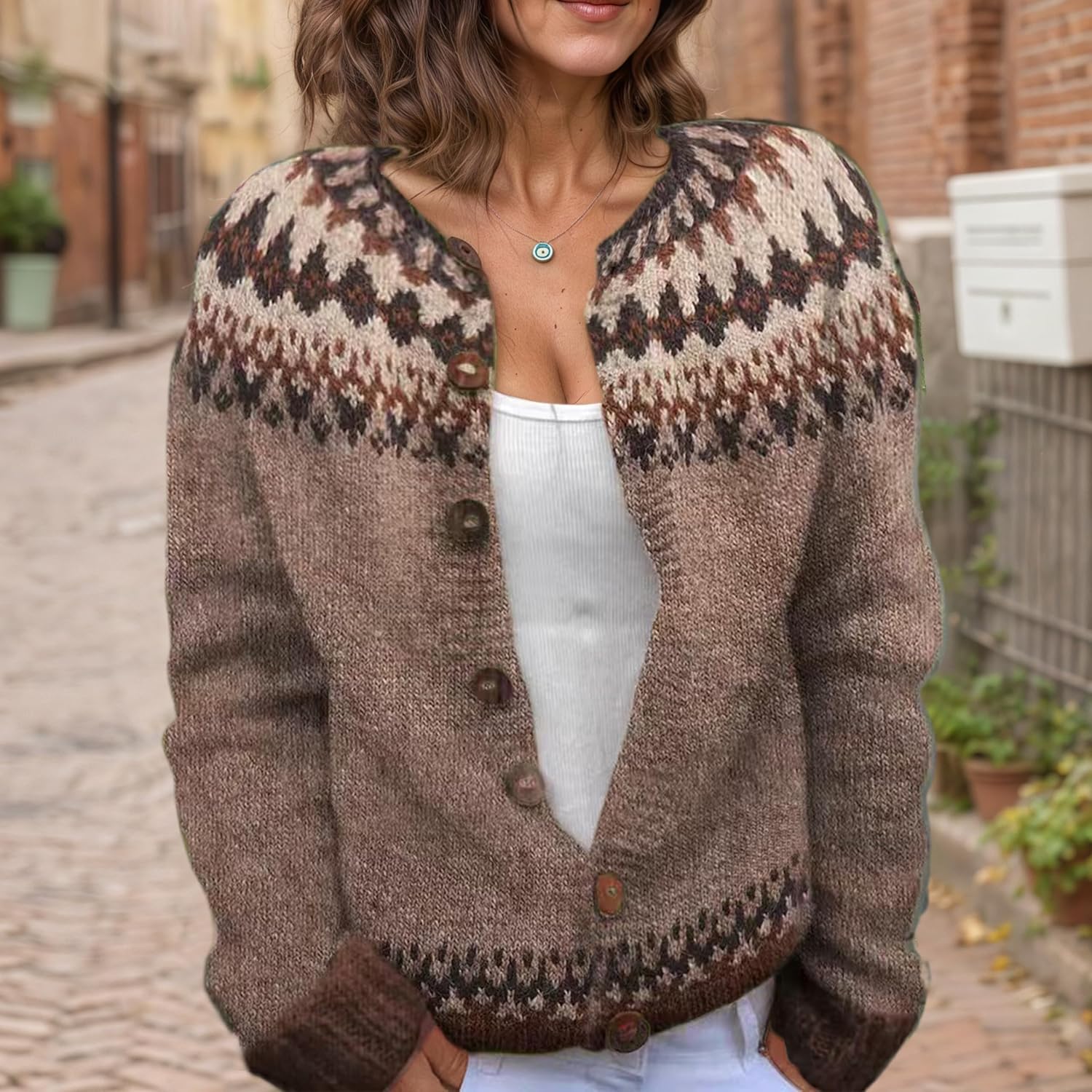 Women's Fair Isle Pattern Knit Cardigan Sweater Vintage Button Down Open Front Jacket Coat for Fall & Winter 2025 - Image 2