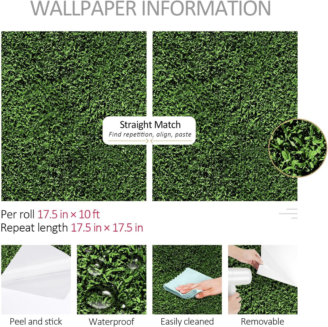 ReWallpaper Green Wallpaper Peel and Stick Dark Green Grass Wallpaper Self Adhesive Removable Nature Greenery Wall Mural for Bedroom Bathroom Waterproof Contact Paper for Cabinets Drawers 17.5inx10ft