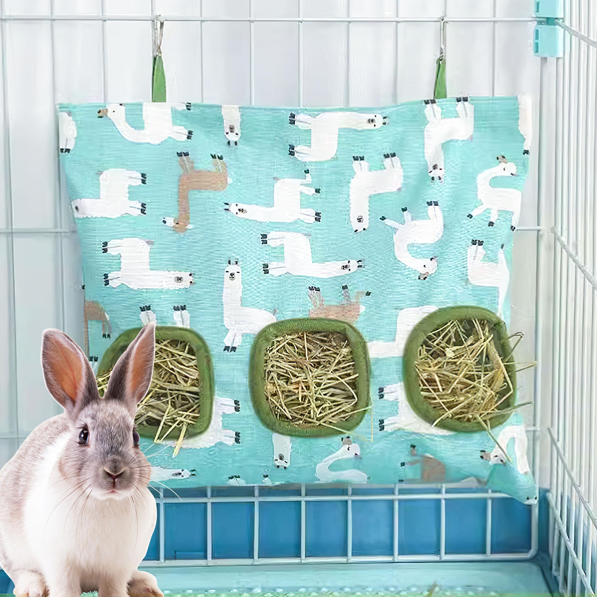 Lesnala 2pcs Bunny hay feeder Rabbit hay feeder bag Hanging guinea pig hay bag Large capacity cotton canvas fabric hay bag for Rabbits Bunny Chinchillas Hamsters and Other Small Pets(3 Holes,2 styles) - image 4