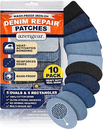 Iron-On Denim Repair Patches for Jeans (10 Pack) - 100% Cotton Heavy Duty, Wash-Proof, Extra Strong Adhesive, Blue & Black Shades, Ideal for Knees, Thighs, Elbows, Pockets