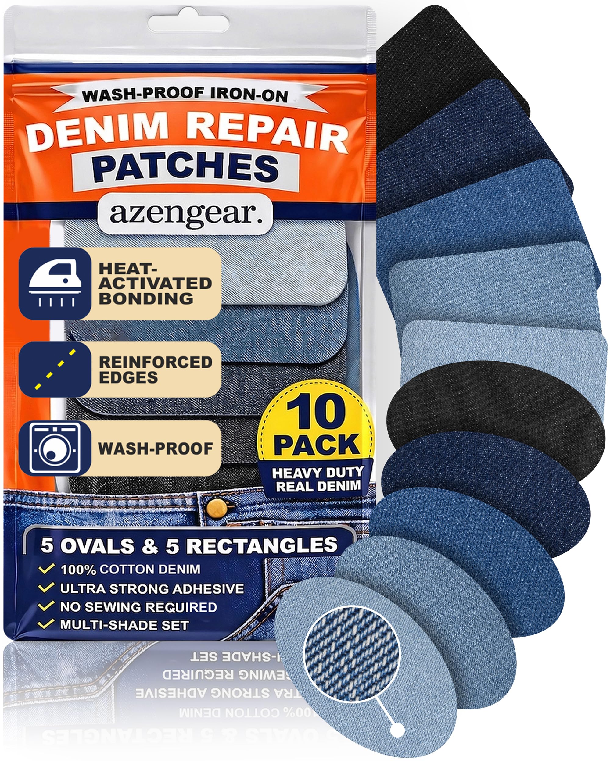 Iron-On Denim Repair Patches for Jeans (10 Pack) - 100% Cotton Heavy Duty, Wash-Proof, Extra Strong Adhesive, Blue & Black Shades, Ideal for Knees, Thighs, Elbows, Pockets