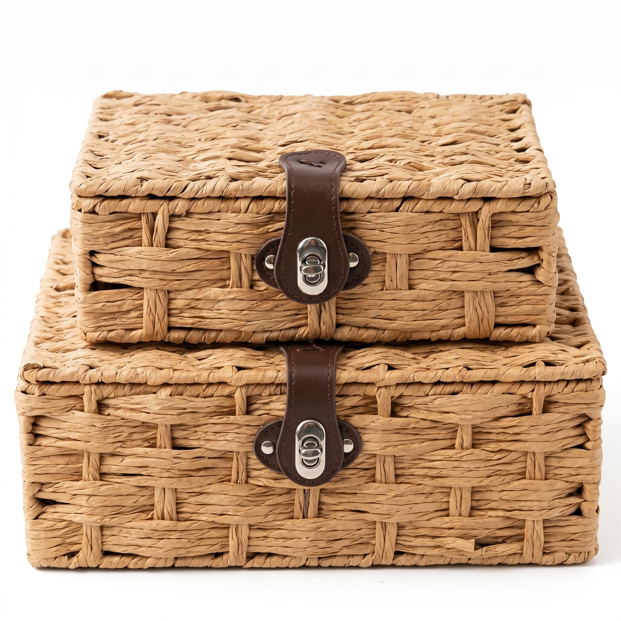 2 cestas de Almacenamiento de Mimbre con Tapa, Cajas Tejidas con Cerradura, Juego de Organizador Hecho a Mano para Sala de Estar/Dormitorio/baño, marrón Claro, 2 tamaños