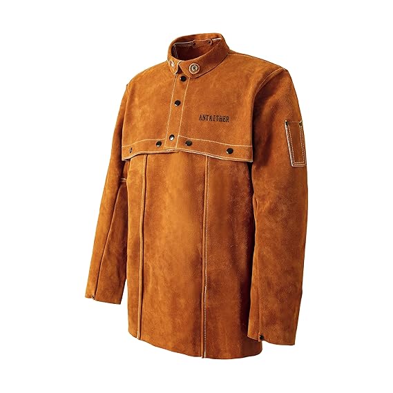 ANTAITHER Fire-Resistant Leather Welding Protection Jacket - Cape Sleeve with Bib Apron for Heavy-Duty Work