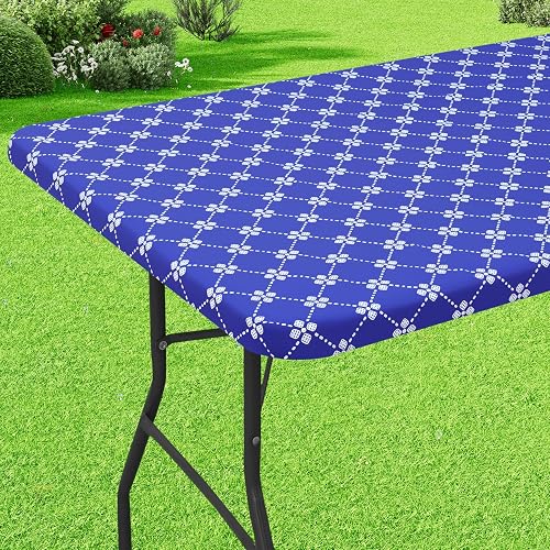 misaya Rectangle Vinyl Table Cloth, Elastic Fitted Tablecloth with Flannel Backing, Waterproof Plastic Table Cover Fits 4 Foot Folding Tables for Picnic, Camping, Indoor and Outdoor (Blue, 24" x 48")