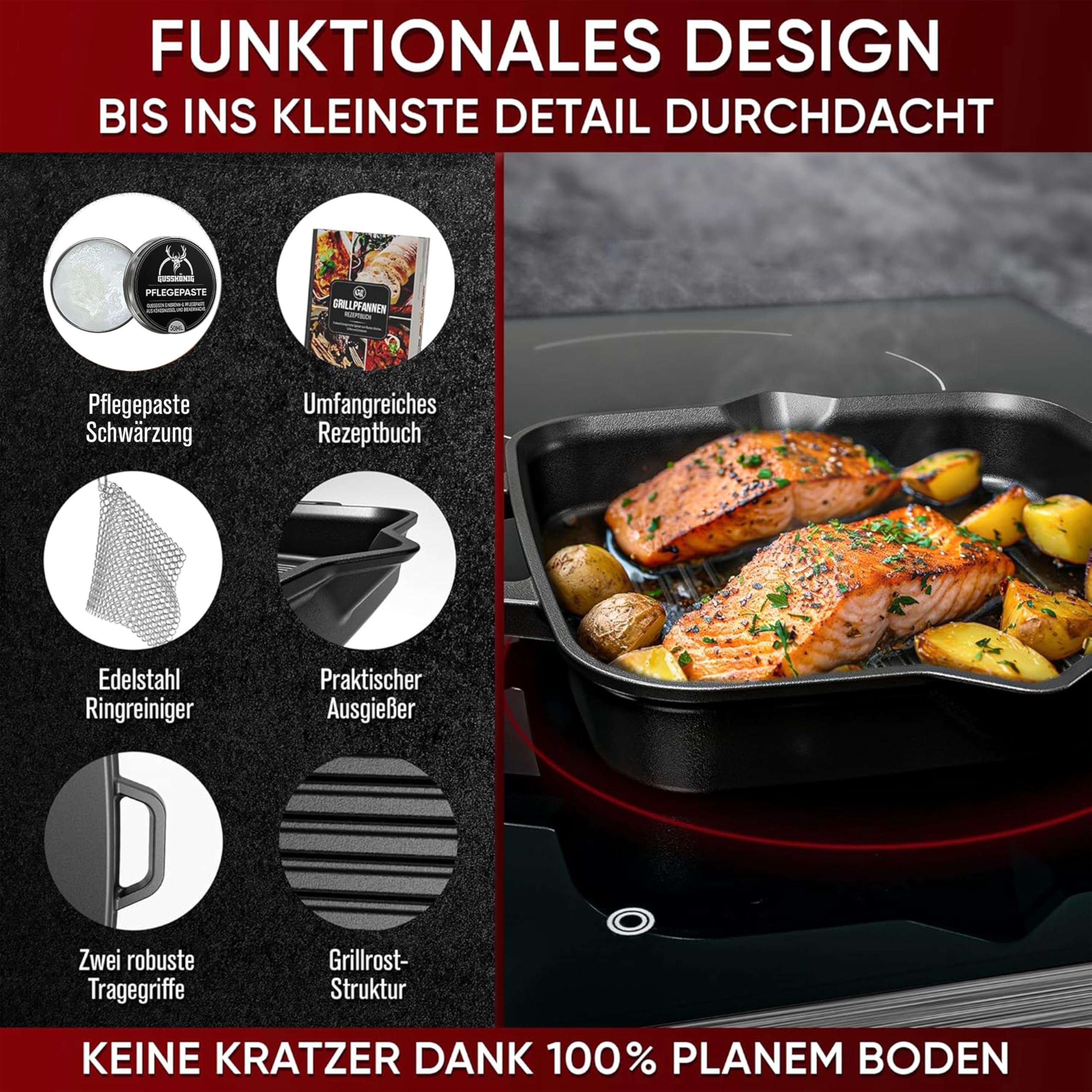 GUSSKÖNIG Gusseisenpfanne - 30cm Pfanne Gusseisen - Grillpfanne Gasgrill - Eingebrannte Gusseisen-Pfanne - Cast Iron Pan - Robuste Gusspfanne+Pflegepaste, Ringreiniger & Rezeptbuch - 30 Jahre Garantie