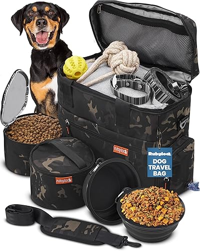 Rubyloo The Original Doggy Bag Bolsa de viaje para perros con 2 cuencos plegables sin BPA, 2 recipientes de viaje de comida para perros Un kit de