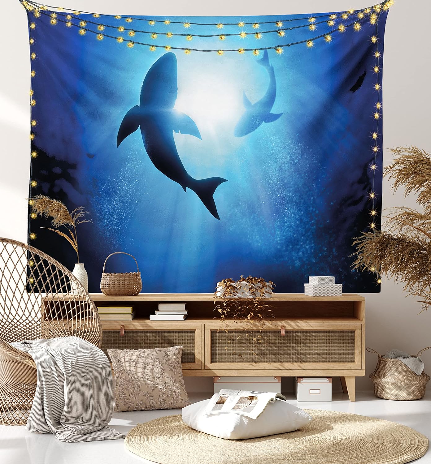 Ambesonne Shark Tapestry Twin Size, Underwater World Fish Silhouettes Circling in the Sea Surreal Ocean Life Print, Wall Hanging Bedspread Bed Cover Wall Decor, 68" X 88", Royal Blue