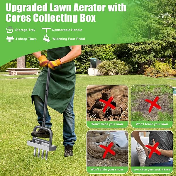 Yornoli Lawn Aerator Tool β Heavy Duty Hollow Tine Manual Coring Aerator with 4 Stainless Steel Pluggers, Soil Core Storage Tray & Long Handle Soft Grip for Compacted Soil Lawn Health & Clay Release - 5
