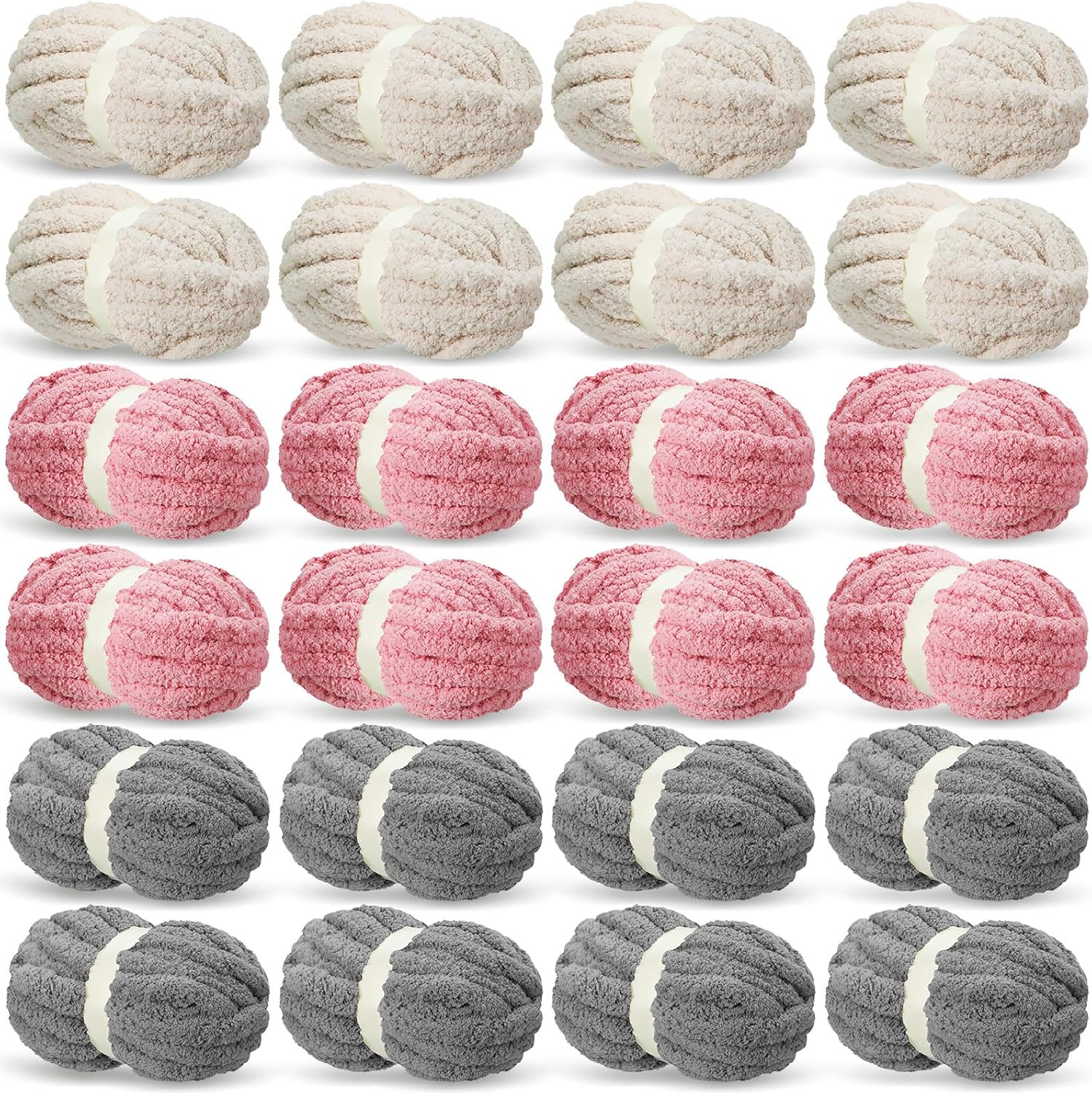 Timgle 24 Pack 3/4 Inch Chunky Chenille Yarn for Crocheting Blanket Fluffy Yarn for Knitting Sewing DIY (Beige, Pink, Grey)