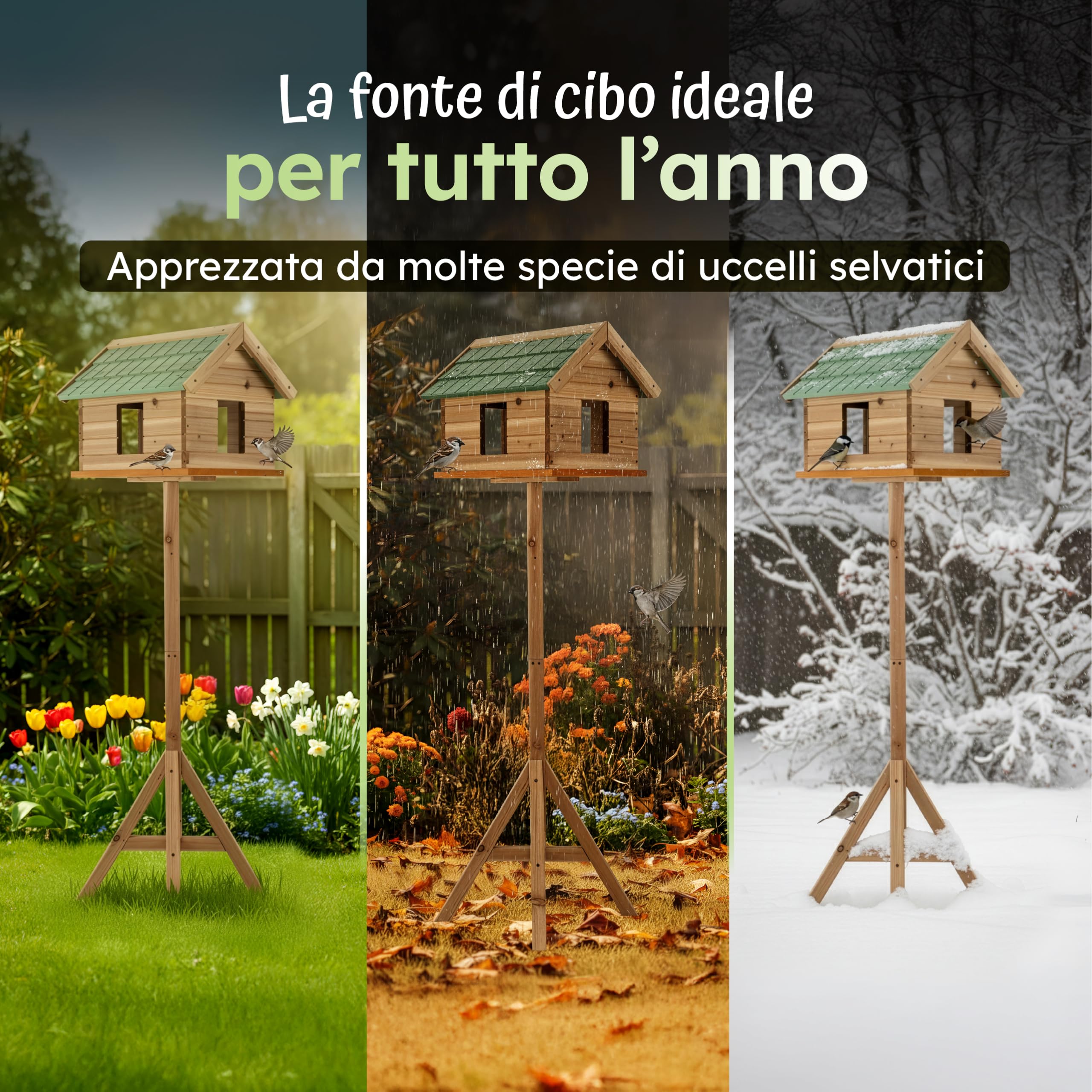 Moorland Casa per Uccelli con Finestre e Supporto in Legno di Abete FSC® | 135cm mangimatoia chiusa tetto verde in tegole casetta per tutto l'anno Esterno mangiatoia giardino VH2