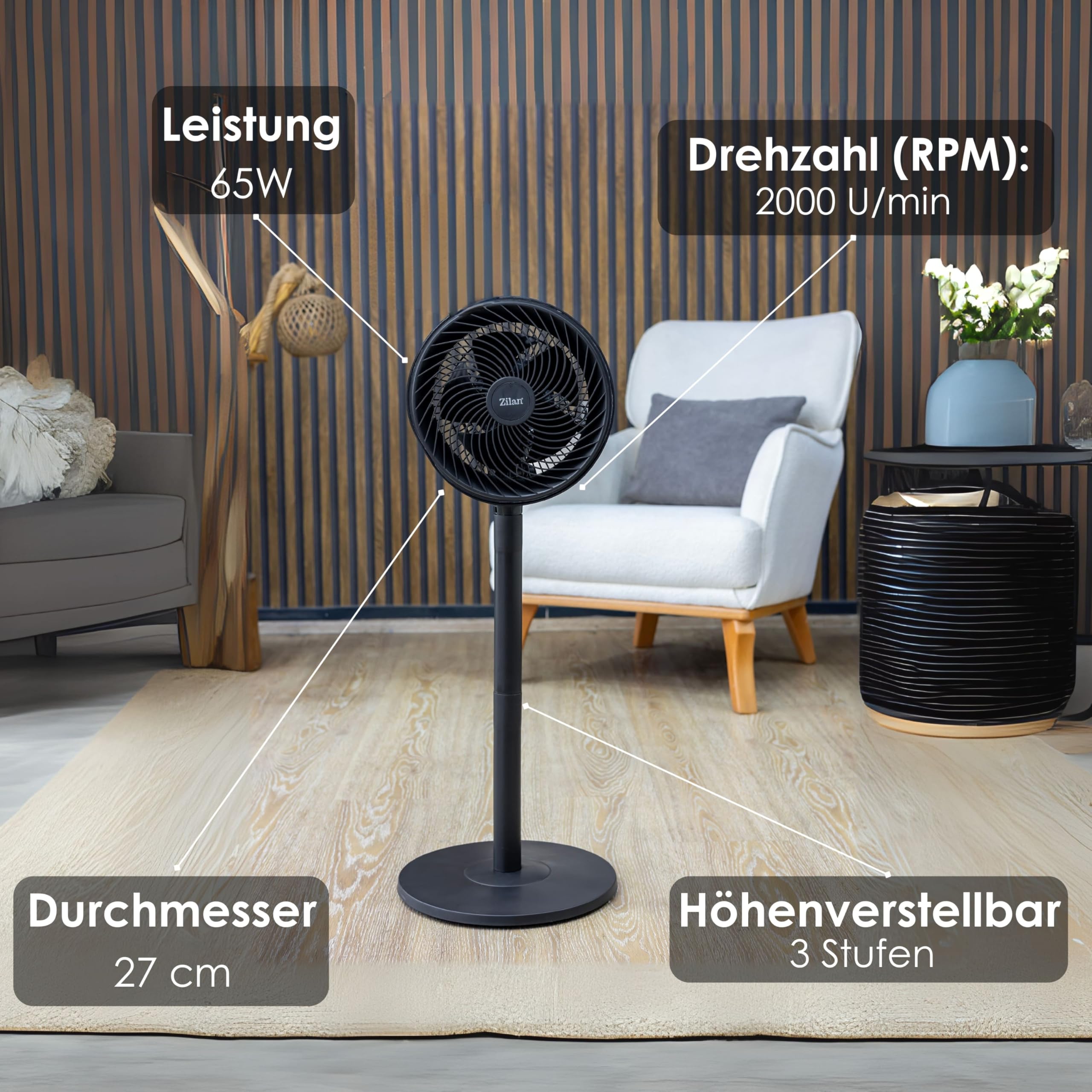 Zilan Standventilator 65 Watt kraftvoller Ventilator sehr leise energiesparend 3 Stufen hoher Luftdurchsatz 90° oszillierend höhenverstellbar Bodenventilator mobiler Luftkühler Standlüfter Tower Fan