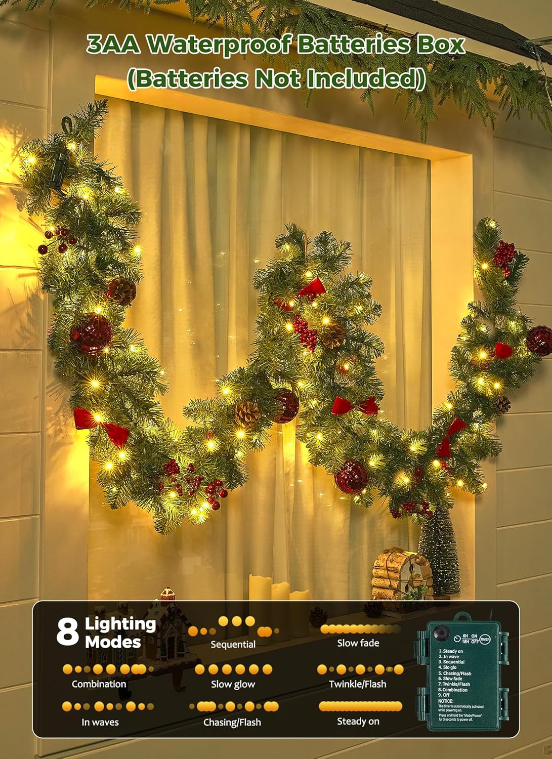 Brightown 9FT Christmas Garland with Lights, Battery Operated Prelit Garland with Pinecones, Berries, Bows, Ornaments, 100 LED White Lights, 8 Modes, Timer, for Mantle, Stairs, Fireplace, Door, Fence - Image 7