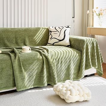 HANDONTIME Dark Green Couch Cover Jacquard Corduroy Couch Cover for Sofa Green Cute Sofa Covers Washable Morden Sofa Covers for 3 Cushion Soft Chenille Sectional Blanket Cover Sofa Decor, 71" X134"