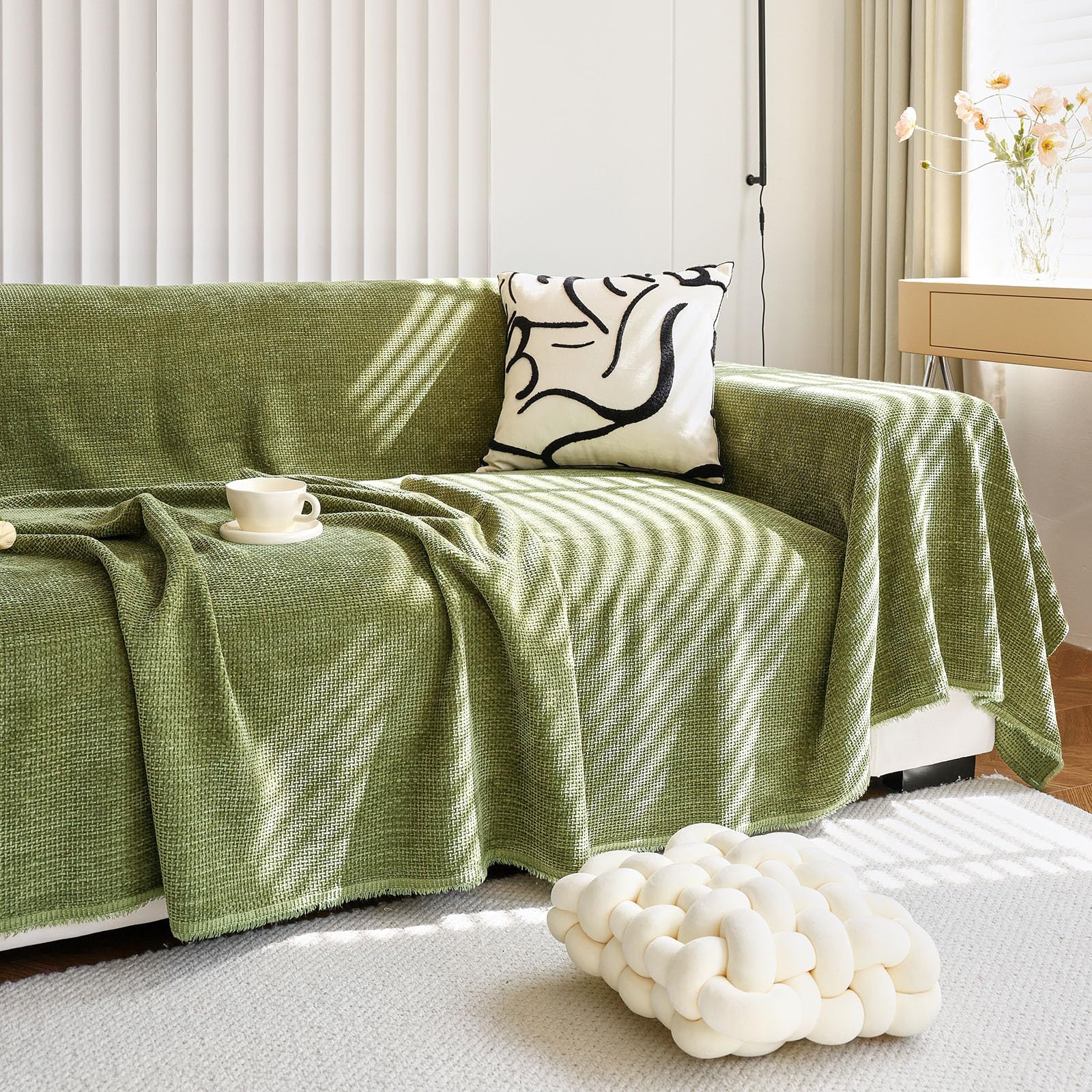 HANDONTIME Dark Green Couch Cover Jacquard Corduroy Couch Cover for Sofa Green Cute Sofa Covers Washable Morden Sofa Covers for 3 Cushion Soft Chenille Sectional Blanket Cover Sofa Decor, 71" X118"