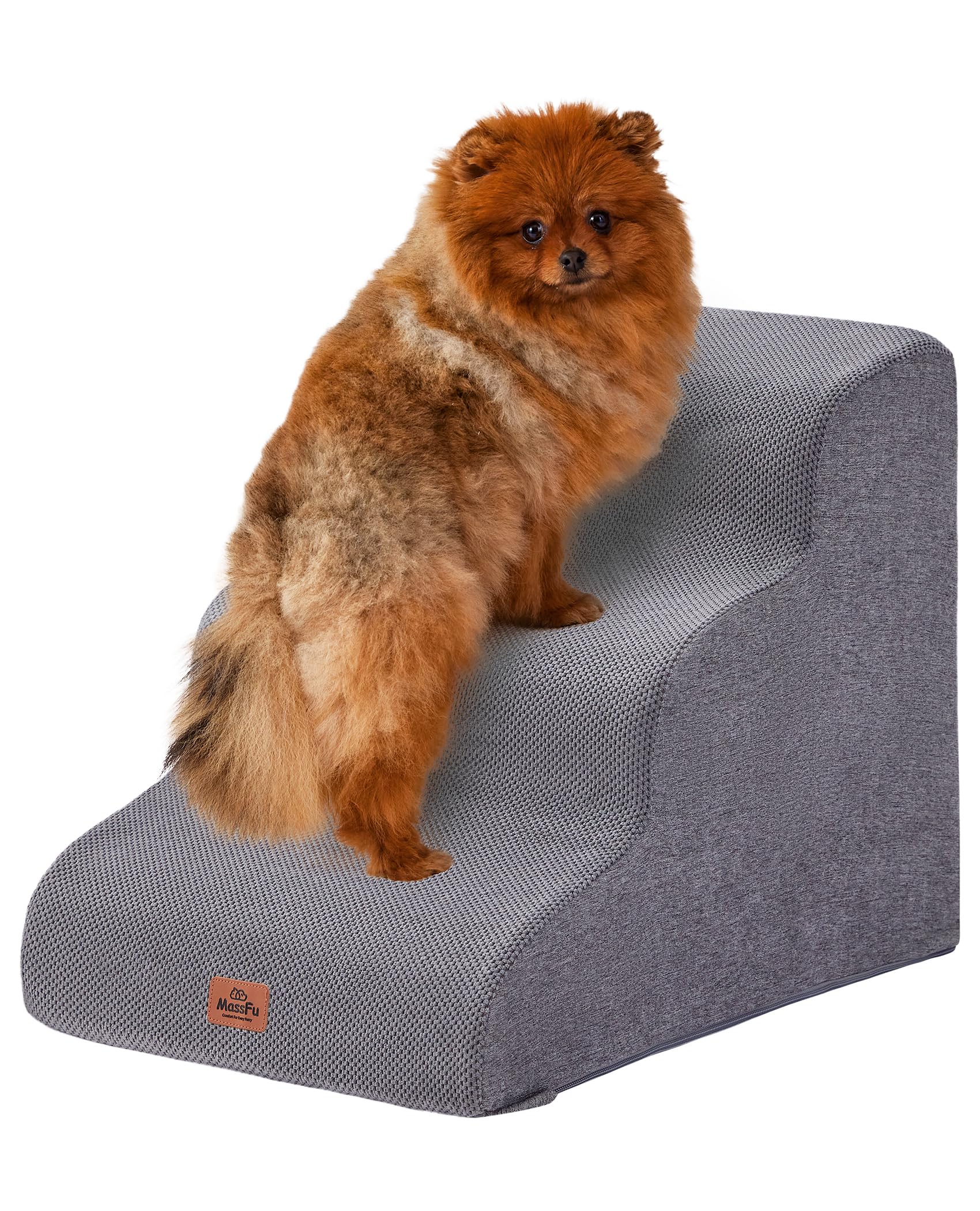 Gray Curved Dog Stairs Ramp for Small Dogs & Cats 17.1" H, 3-Step Dog Steps for Couch Sofa and Chair, Pet Stairs for Cats, Non-Slip Balanced Pet Steps