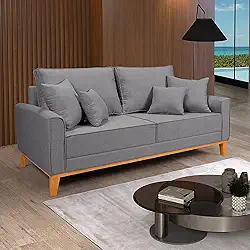 Sofá Living Beny 3 Lugares Linho Cinza Fixo Sala Base Madeira