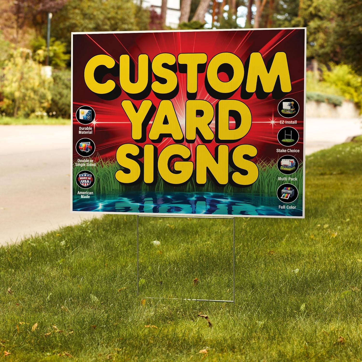 FIVE Pack of 24x18 inch Custom Yard Signs, Double and Single Sided Print, Metal H-Stakes, Durable 4mm Coroplast, Personalized Full Color Printing