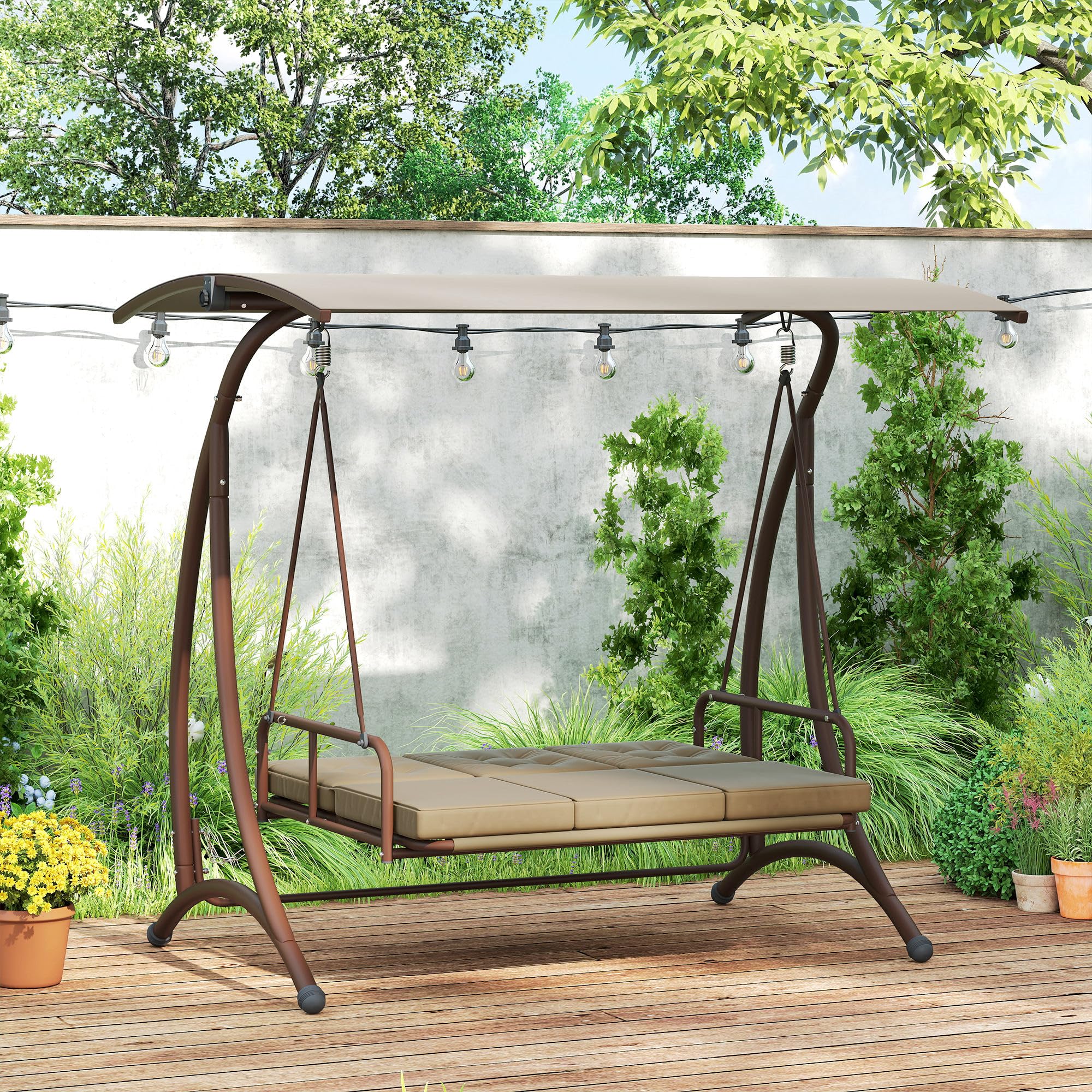 Outsunny Columpio de Jardín Exterior de 3 Plazas Balancín de Jardín Exterior Convertible en Cama con Toldo Ajustable Protección UPF30+ y Cojines Carga 330 kg 200x120x175 cm Caqui