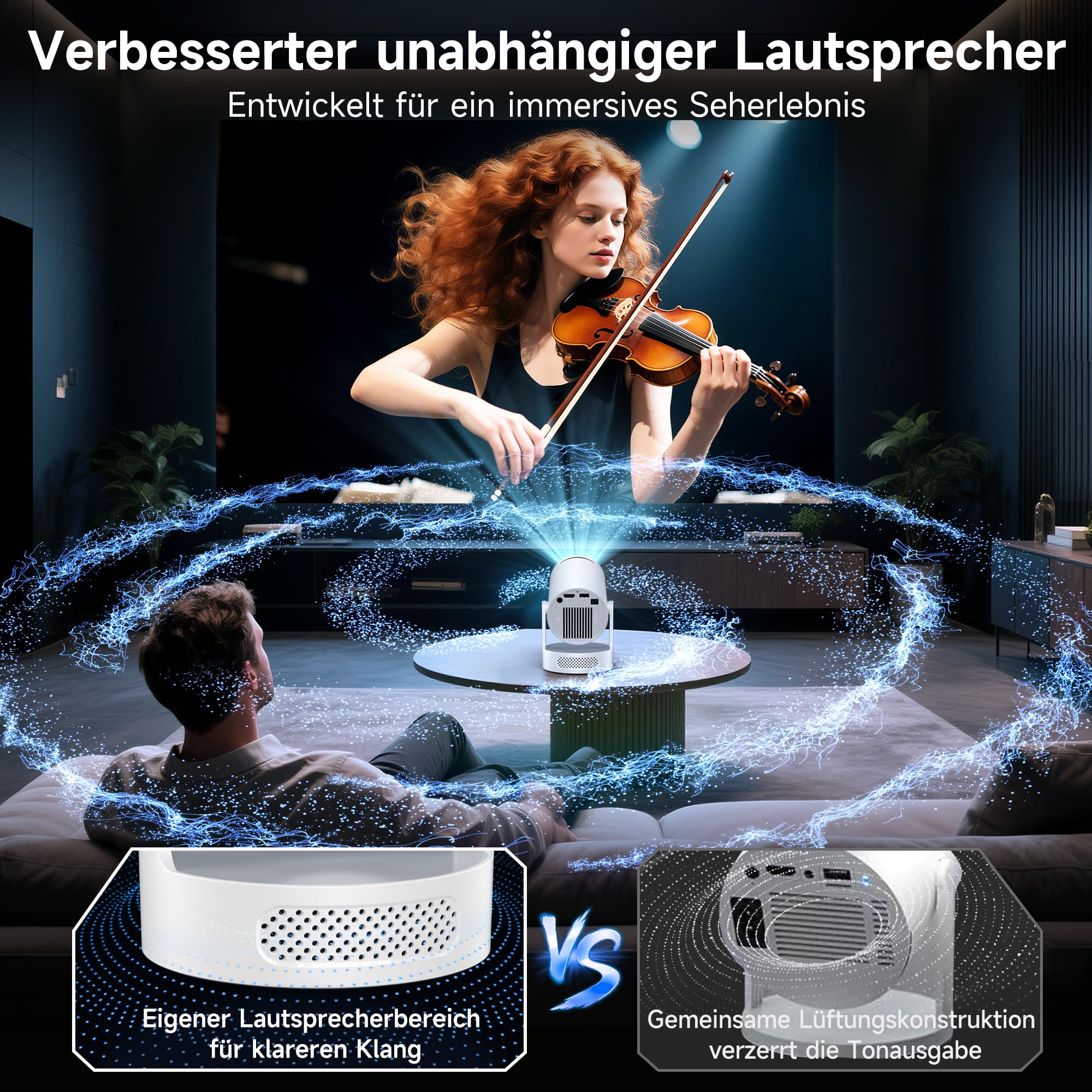 Mini Beamer, Philoent Smart Projektor 4K/1080P Unterstützt Neueste Apps WiFi 6 Bluetooth 5.4 Auto Screen Trapezkorrektur Niedriges Rauschen, Ultrakurzdistanzbeamer bietet großes Bild im kleinen Raum
