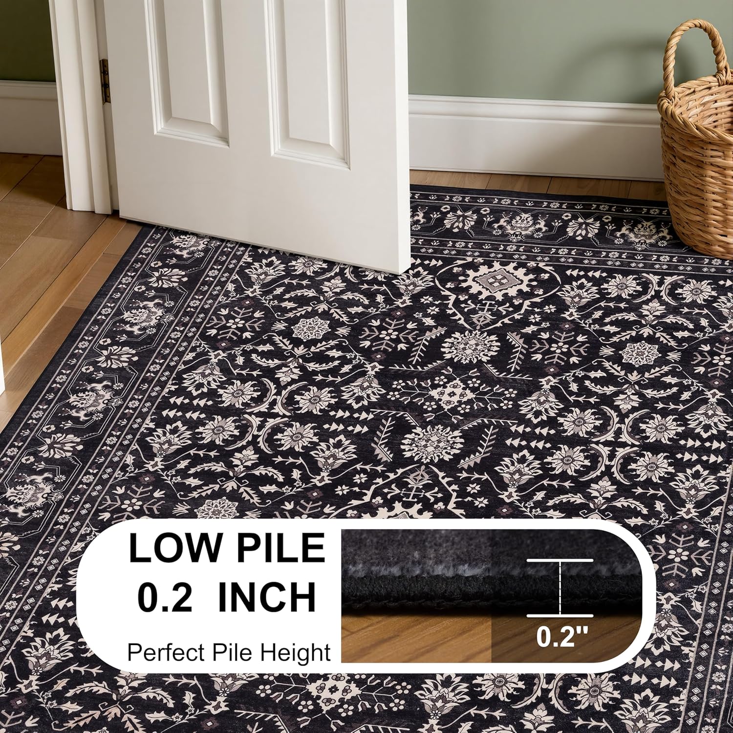 RCTJHOME 4'x6' Washable Area Rugs for Hallway, Non Slip Dining Room Rugs, Soft Low Pile Entryway Indoor Mat, Moroccan Accent Carpet for Kitchen, Living Room and Bedside,Black and Gold