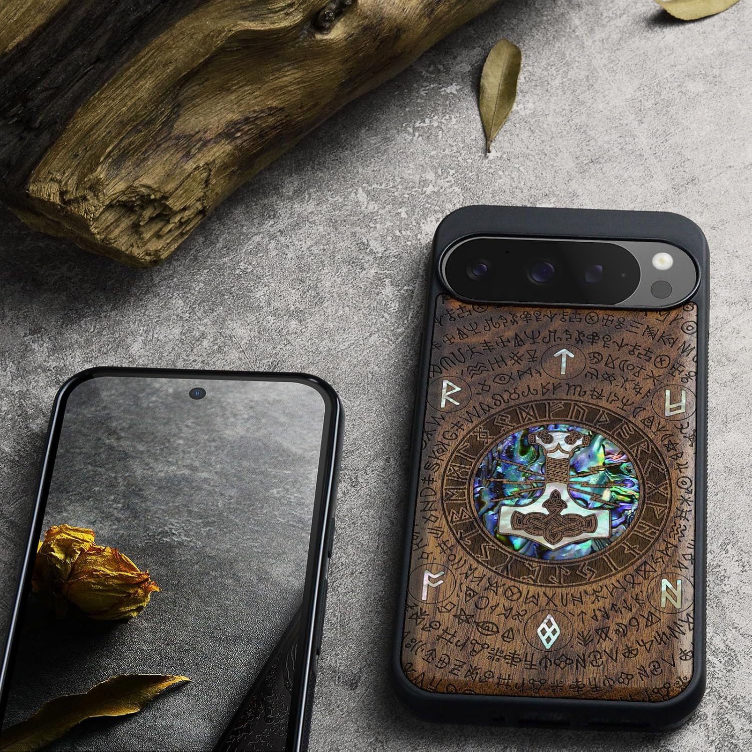 Carveit Magnetic Wooden Case for Pixel 9 Pro / 9 Pro Case, Wood Artisan Engraved & Handmade Shell Inlaid, Compatible with MagSafe Wireless Chargers, Thors Hammer - Walnut