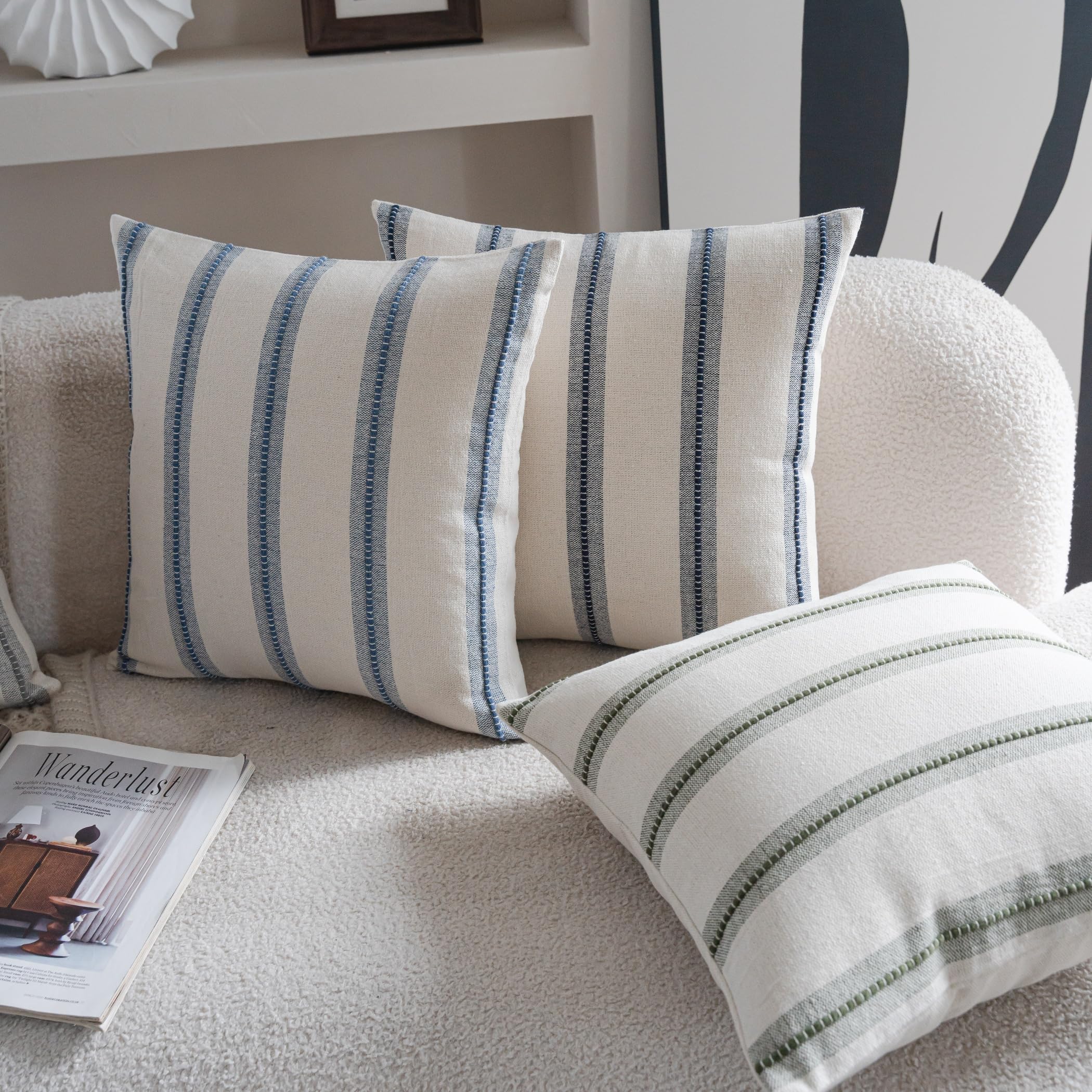 Cethom Set di 2 federe per cuscini in stile bohémien, 56 x 55 cm, colore blu navy a righe, per divano, sedia, letto, federe testurizzate per soggiorno