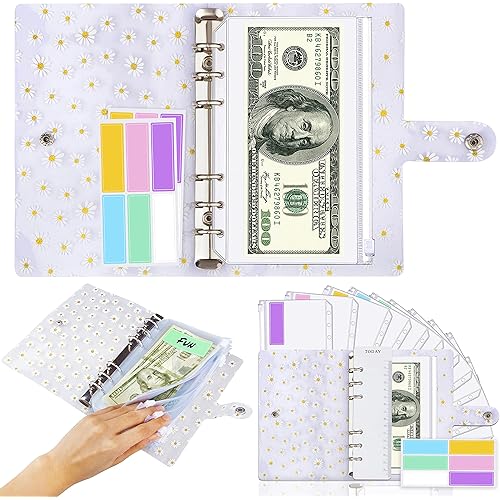 Daisy A6 Budget Binder + 12 Clear Cash Envelopes for Budgeting | Budget Binder With Zipper Envelopes | Money Organizer for Cash, Budget Book W/ Money Envelopes for Cash | Money Saving Binder