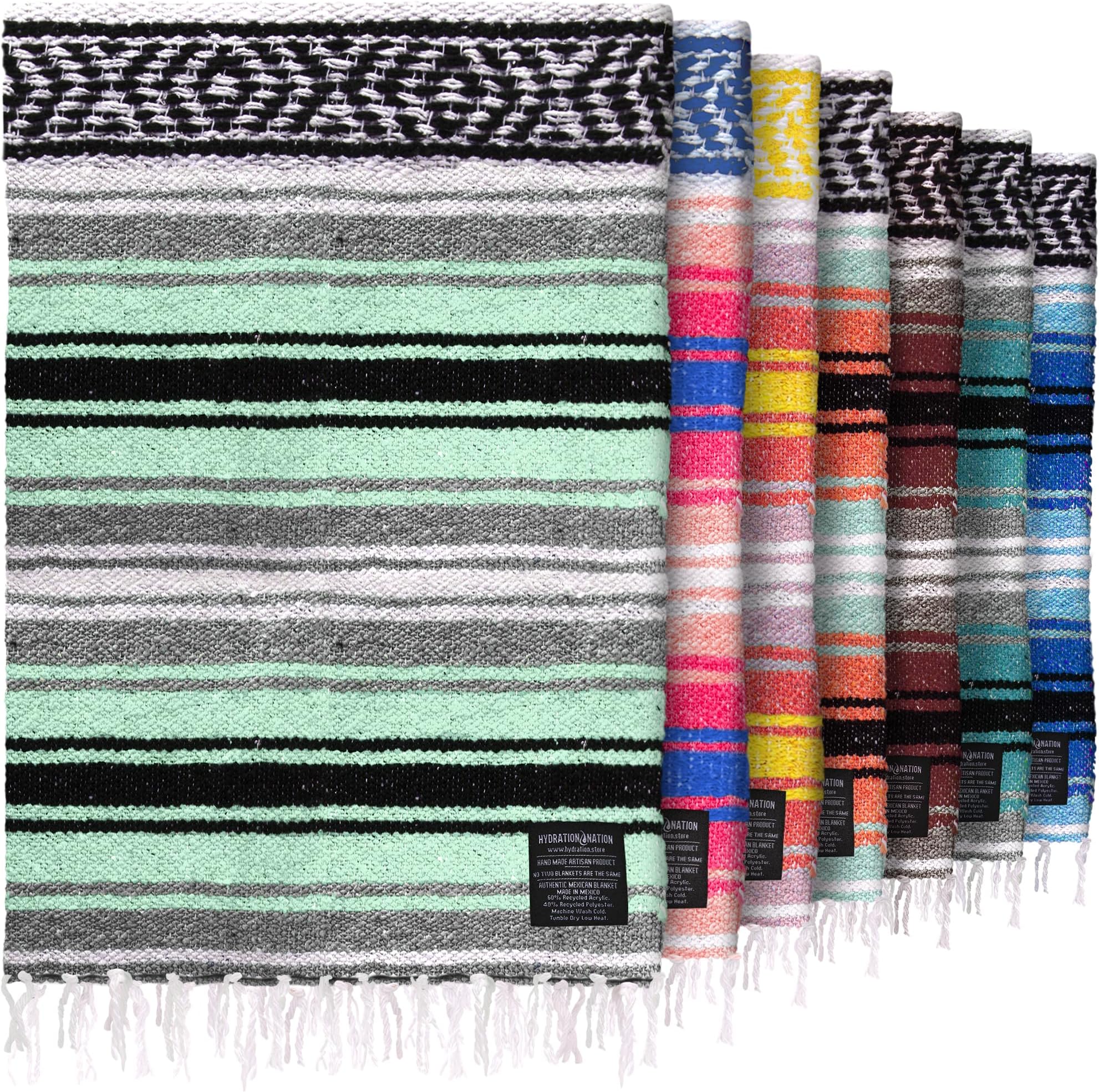 Authentic Extra Large Mexican Blanket (70"x50") - Handwoven Yoga Blanket, Serape Blanket - Artisanal Falsa Blanket, Beach Blanket, Camping Blanket, Picnic Blanket, Outdoor Blanket (Aqua Green)