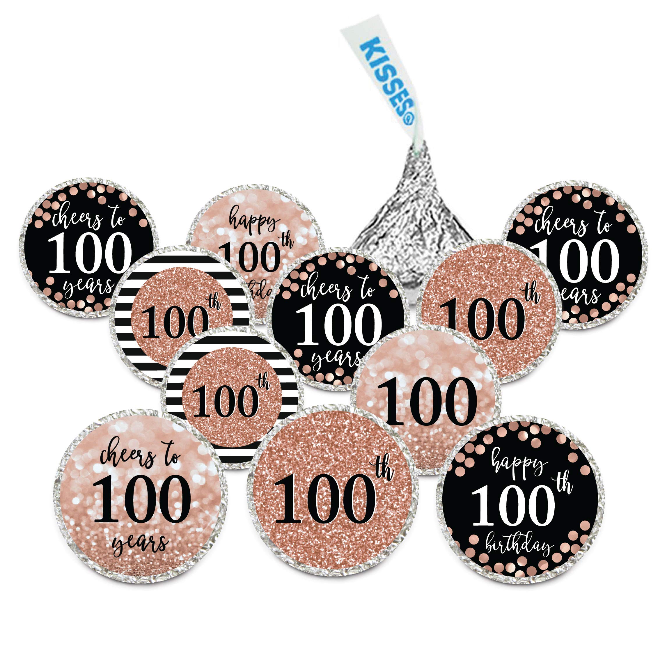 Andaz Press Glitzy Faux Rose Gold Glitter Milestone Chocolate Drop Labels, Cheers to 100 Years, 100th Birthday or Anniversary, 240-Pack, Not Real Glitter, Fits Kisses Party Colored Supplies