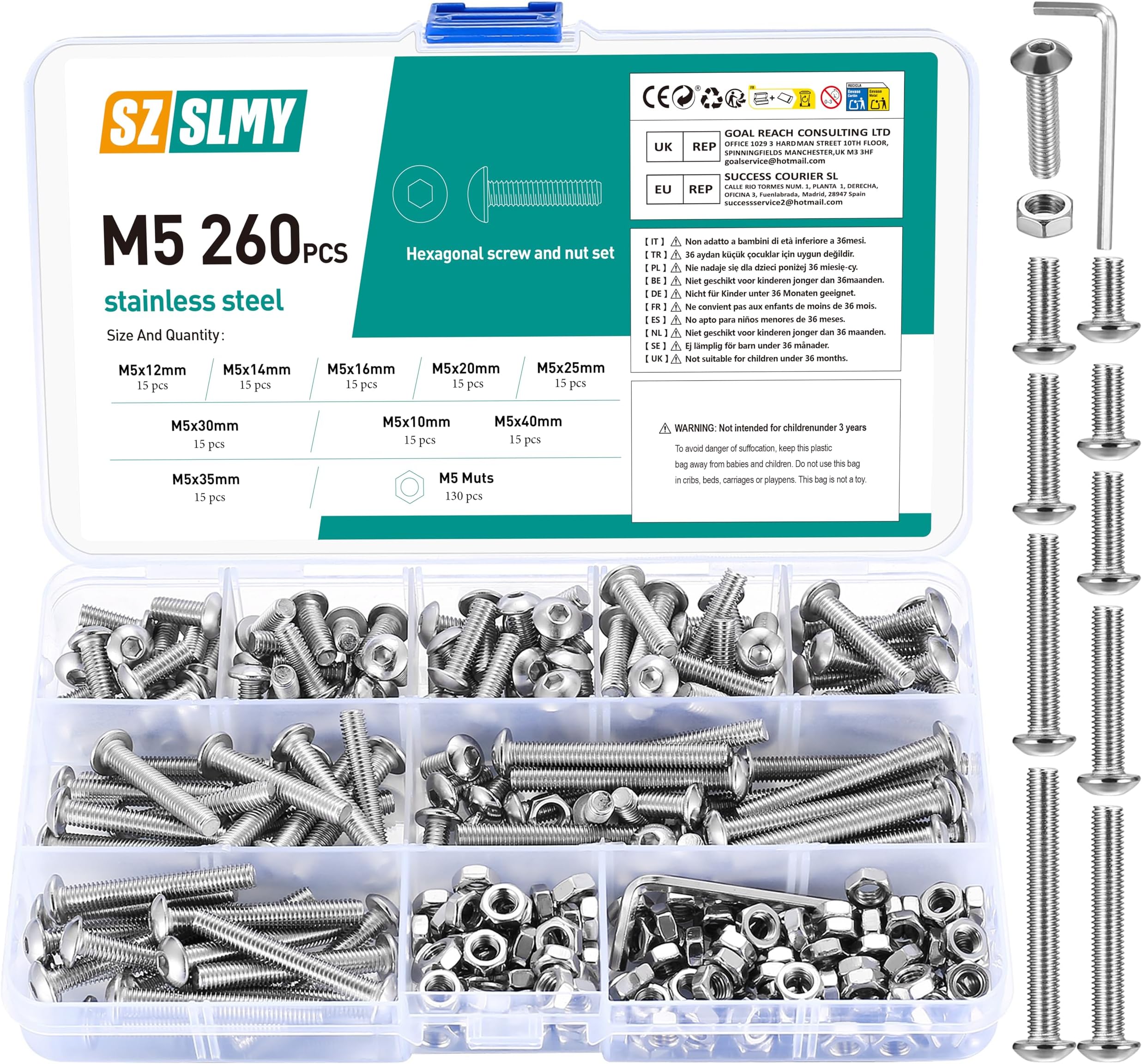 M5 Bolts and Nuts Set, 260 Pcs Hex Socket Head Cap Screws Nuts and Bolts Assorted Set, Round Head Pan Head Machine Screws Assortment Kit, Thread Fastener Hex Bolts and Nuts