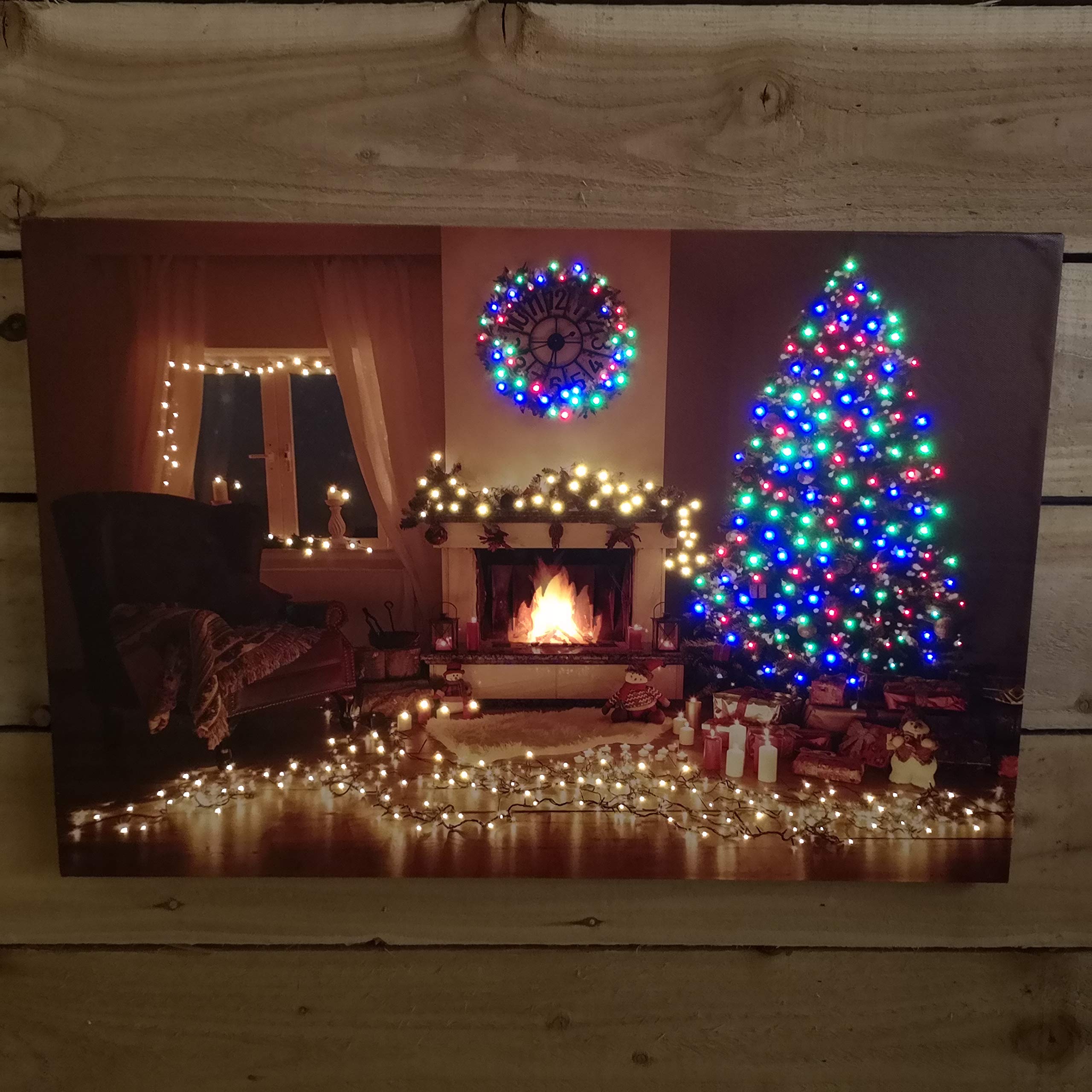 Battery Operated Fibre Optic LED 60x40cm Festive Room With Fire & Tree Canvas