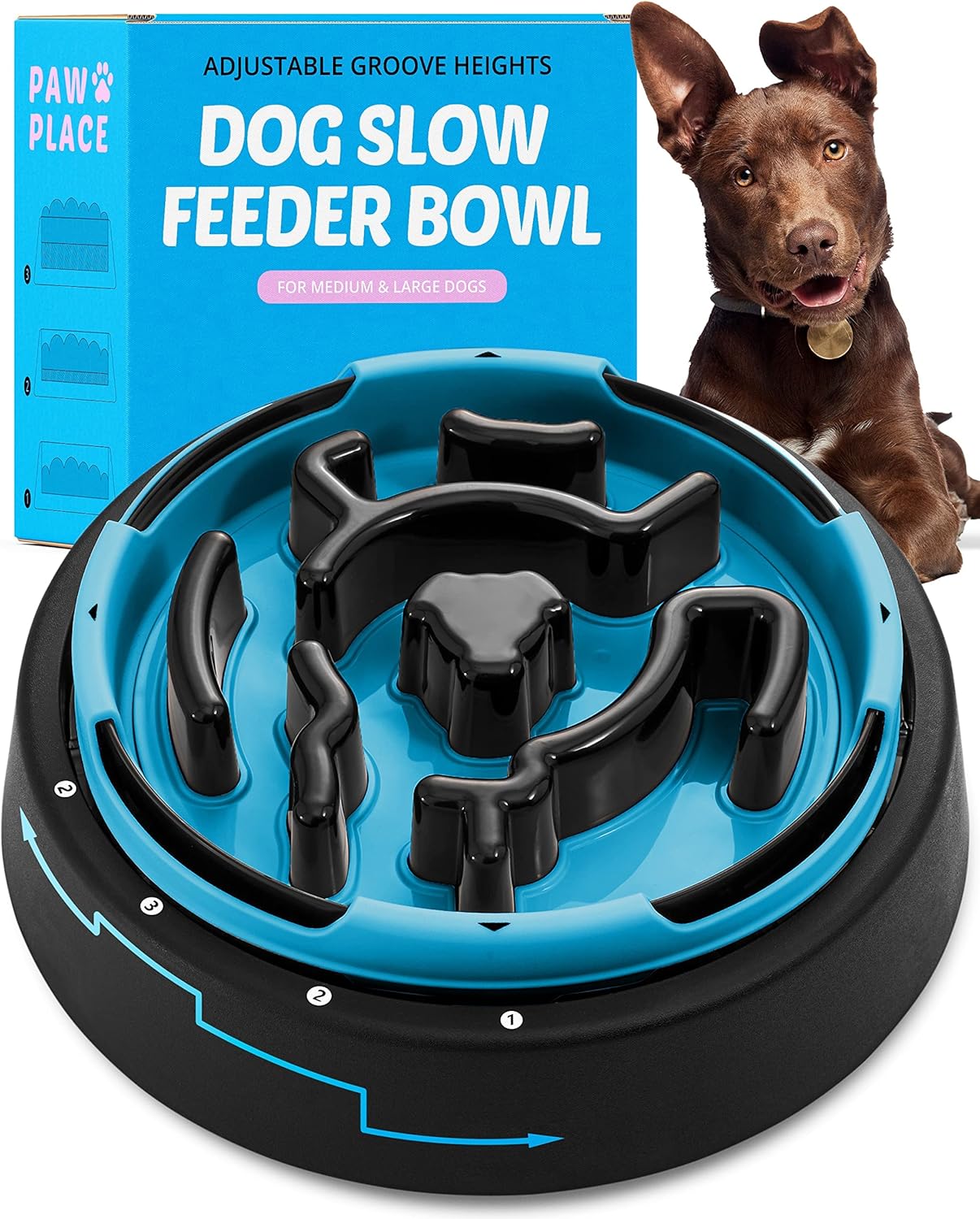 Paw Place Dog Slow Feeder Bowl for Large Dogs Adjustable