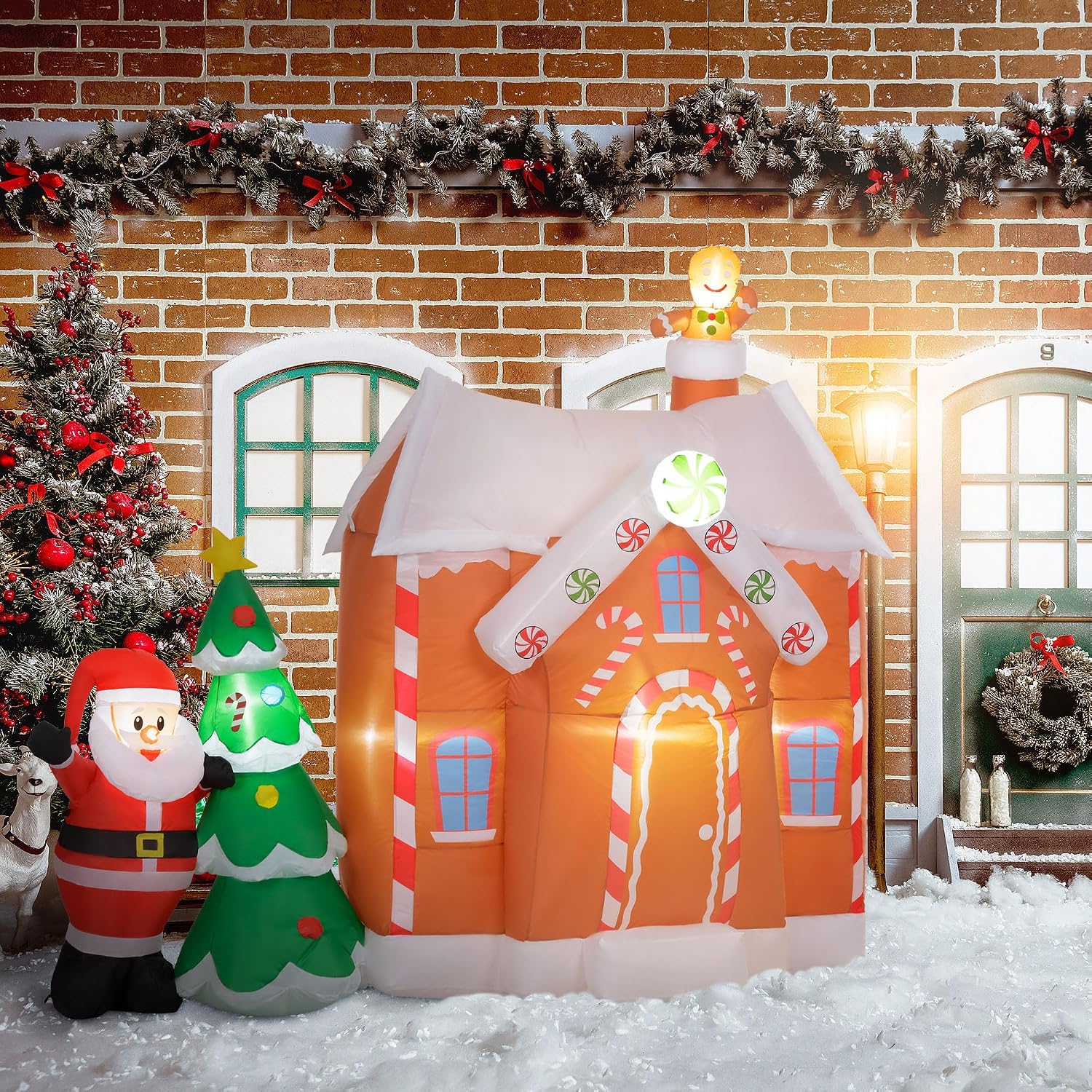 Outsunny 7FT Christmas Inflatable Gingerbread House Santa Claus and Xmas Tree, Giant Christmas Inflatables, Huge Blow Up Christmas Decorations with LED Lights for Indoor, Outdoor, Yard, Party