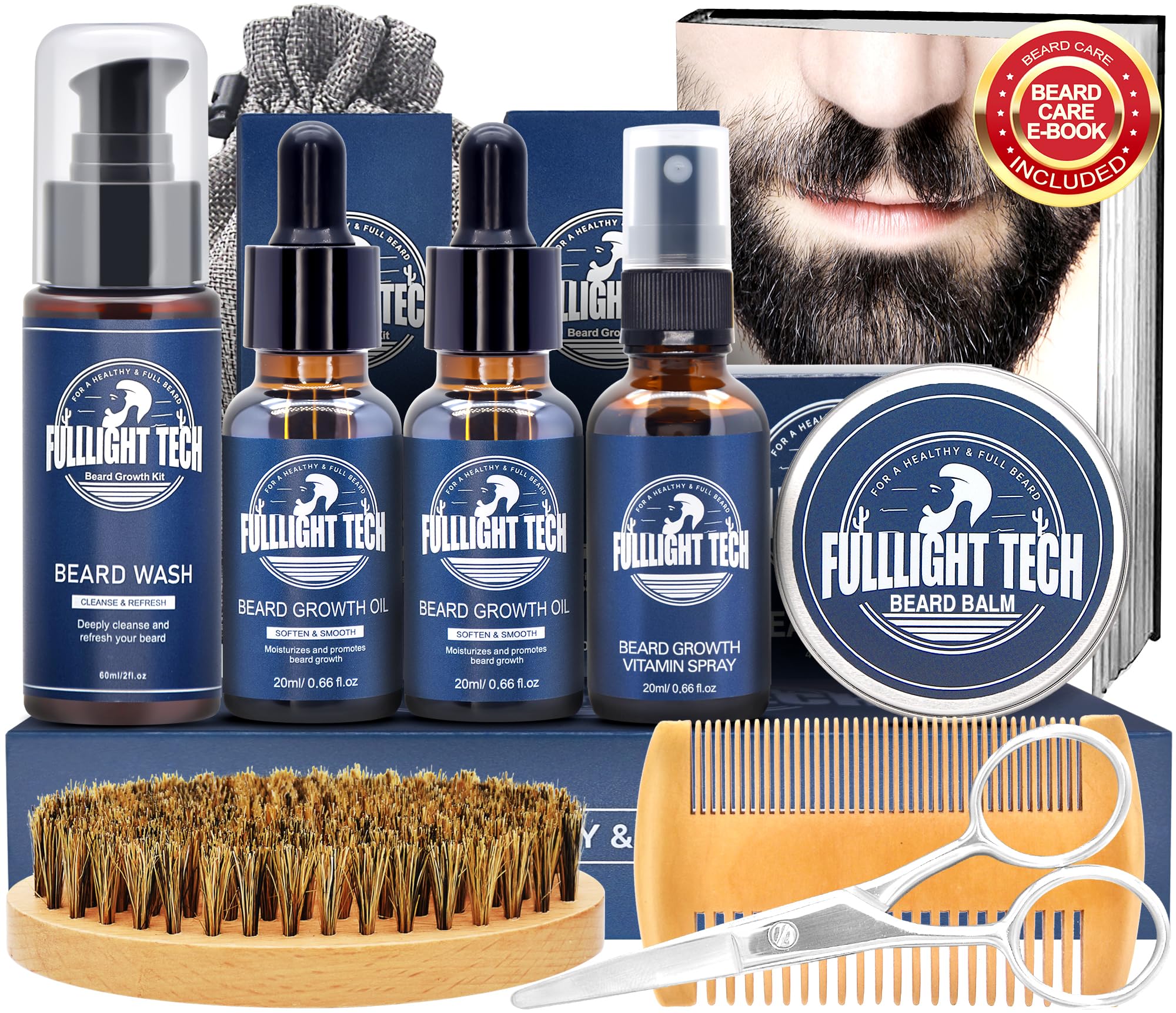 FULLLIGHT TECH Beard Grooming Kit,Beard Kit for Men Gifts Stocking Stuffers for Christmas,Beard Vitamin Spray,Beard Oil,Wash/Shampoo,Balm,Comb,Brush,Scissors,E-book Birthday Gifts for Dad Husband Him