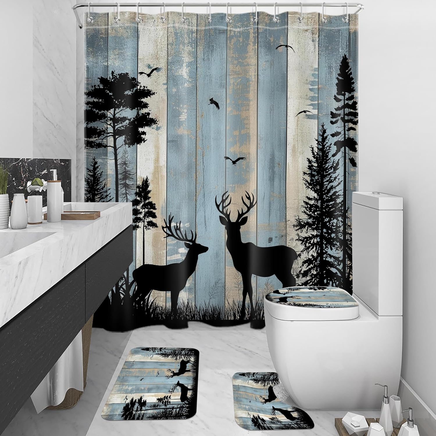 Rustic Forest Cabin Shower Curtain Set with Non-Slip Bathroom Rugs, Wild Animal Deer and Bird on Blue Vintage Wood Shower Curtain with Bath Mat and Toilet Lid Cover, 72W X 72L Inches
