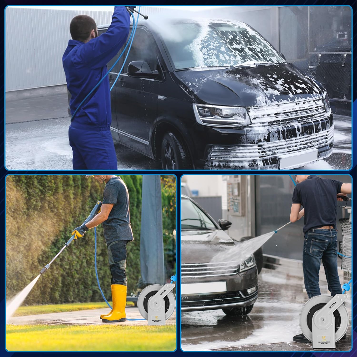 Pressure Washer Hose Reel with Hose, 1/4" × 100ft Retractable Power Washer Hose Reel, Heavy Duty Hose Reel Auto Rewind, Wall Mounted, 3600 PSI