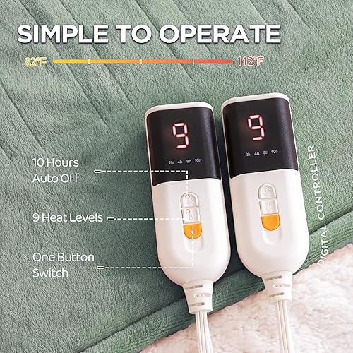 Miniatura 9 de Manta térmica eléctrica de 50 x 60 pulgadas, manta térmica con 5 niveles de calefacción y 3 horas de apagado automático, lavable a máquina,