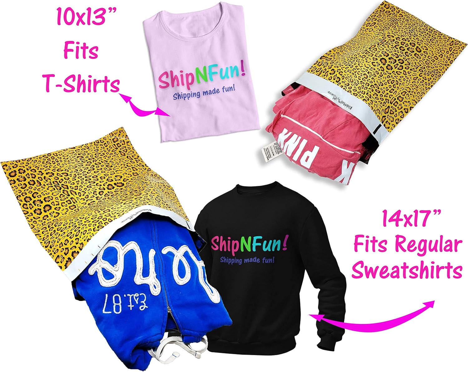 10x13, 14x17 Inch 100 Pack Leopard Poly Mailers, Cheetah Print Envelope Self Sealing Plastic Custom Mailing & Shipping Bags, W/Kissy Stickers (Both Sizes Combo)