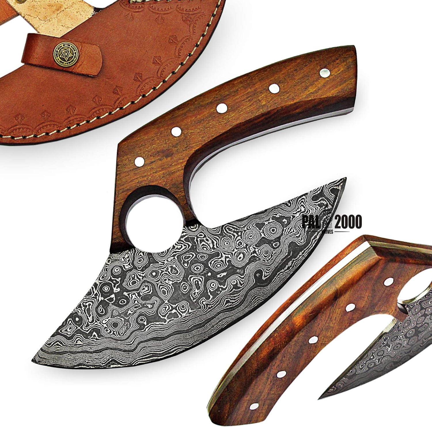 Flash Deals - 50% OFF Smma-9881 - Handmade Damascus Steel Ulu Knife - Solid Rose Wood Handle