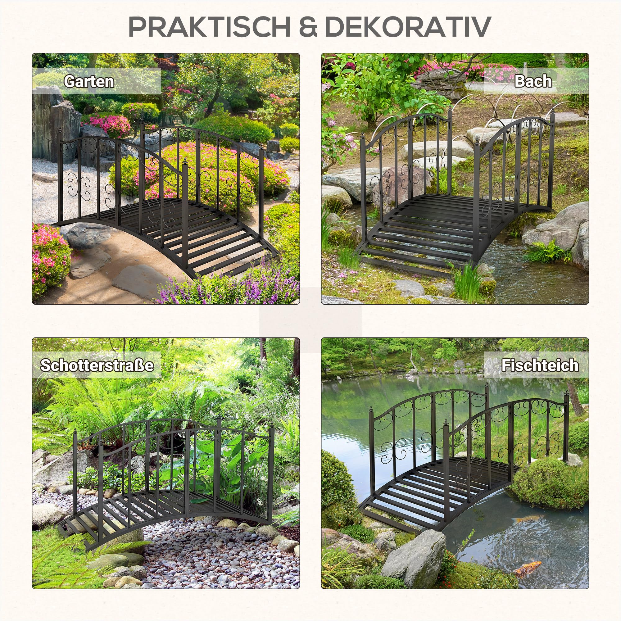 Outsunny Pont de jardin acier 1,19 m Pont d'étang avec balustrade Pont d'ornement avec motif floral Pont décoratif jusqu'à 120 kg pour balcon, terrasse, noir