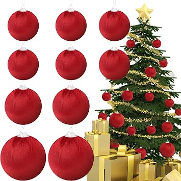 Gresorth 10 Pcs Red Velvet Christmas Ball Ornaments Flocked Hanging Ball Lightweight Decoration Xmas Tree Wedding Indoor Display