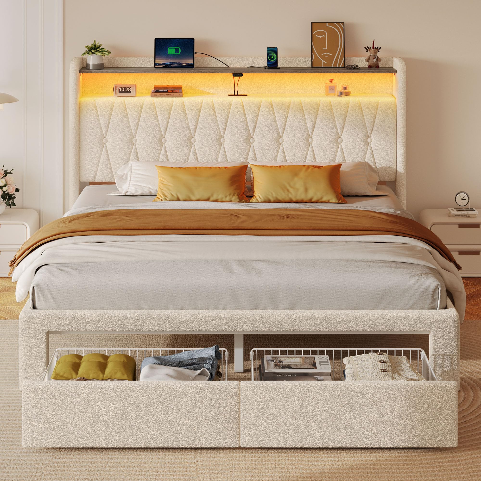 Rolanstar Full Bed Frame with Drawers, Storage Headboard with Charging Station and LED Lights, Upholstered Bed with Heavy Duty Wood Slats, No Box Spring Needed, Noise Free, Easy Assembly, Beige