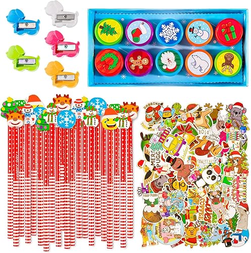 Whaline Colección de papelería de Navidad, 140 juegos de 40 lápices de Navidad con borrador, 20 sellos de Navidad, 60 calcomanías de Navidad, 52