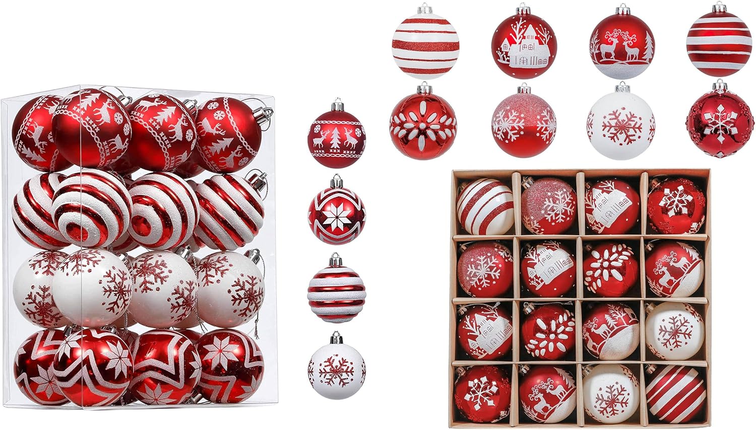 Valery Madelyn Christmas Ornaments Value Bundle, 24ct & 16ct Traditional Red White Shatterproof Christmas Ball Ornaments Set, Decorative Hanging Ornament Bulk for Xmas Holiday Party Decor