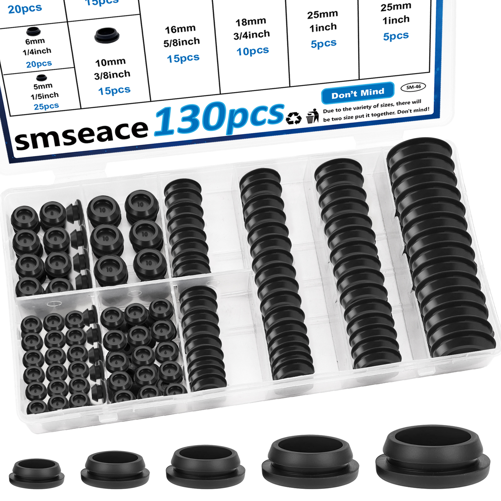 Image of smseace 130Pcs Rubber Plugs for Round Holes Set - 8 Sizes (1 inch, 3 /4 inch, 5 /8 inch, 1 /2 inch, 3 /8 inch, 5 /16 inch, 1 /4 inch, 1 /5 inch) - Versatile Assorted Rubber Plugs for Furniture, Office, and Kitchen